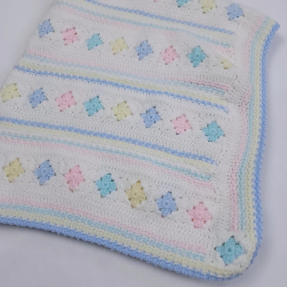 Handmade White And Pastel Pink Blue Yellow 30x33 Inch Crib Baby Blanket